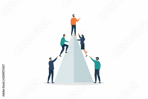 Team members helping each other climb a pyramid shape with team spirit
