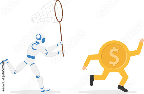 Robot with net chasing flying dollar coin