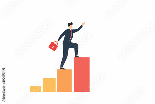 Businessman climbing bar chart steps with briefcase, climbing