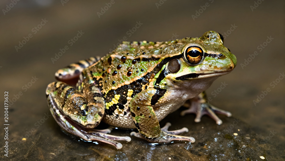 Fototapeta premium Green Frog on Rock: A close-up of a vibrant green frog with striking black spots, perched attentively on a wet, dark rock. The amphibian's textured skin and keen eyes are sharply in focus.
