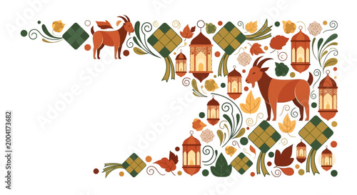 Eid al-Adha corner frame illustration with sacrificial goats, ketupat, and Arabic lanterns in modern flat design style.