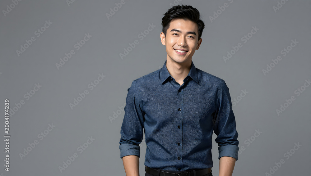Fototapeta premium Confident Smile Portrait: A handsome individual exudes confidence with a warm, genuine smile. His pose and demeanor suggest approachability, success, and positivity. 