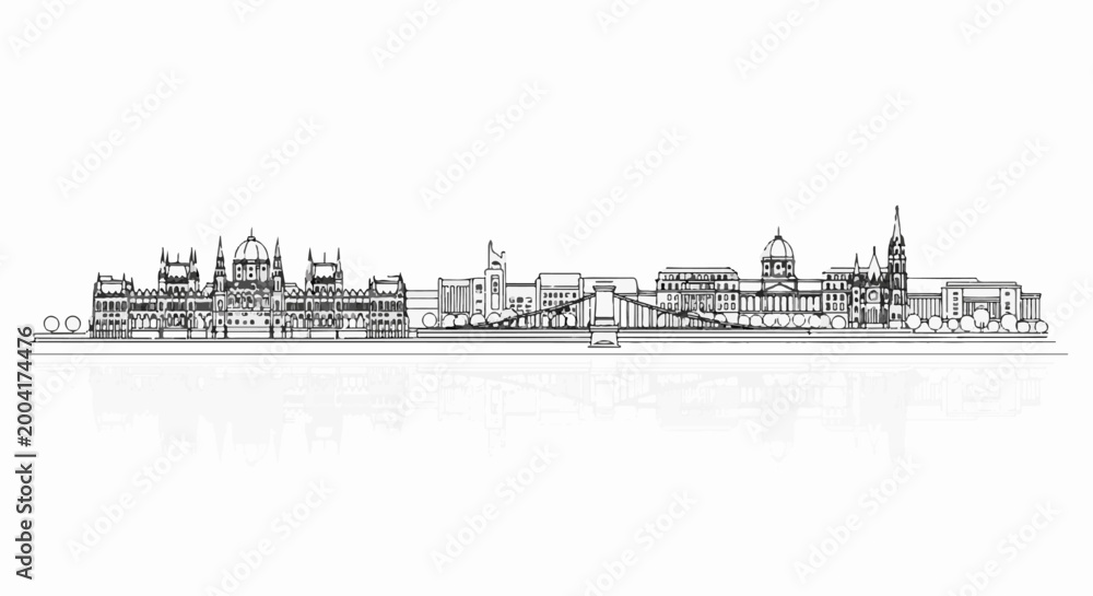 Obraz premium Outline of historic buildings with domes and spires reflected in water