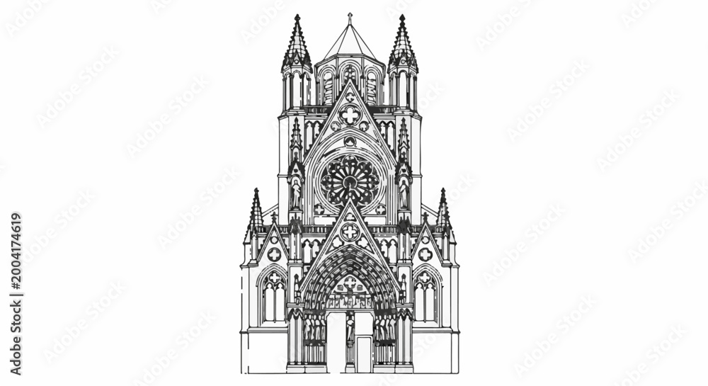 Fototapeta premium Detailed line drawing of a Gothic cathedral facade with pointed arches and rose window
