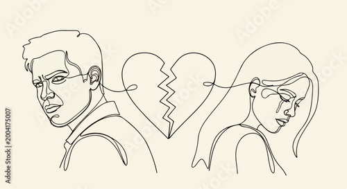 Fotografija Continuous line art of a broken heart between a sad man and woman, minimalist co