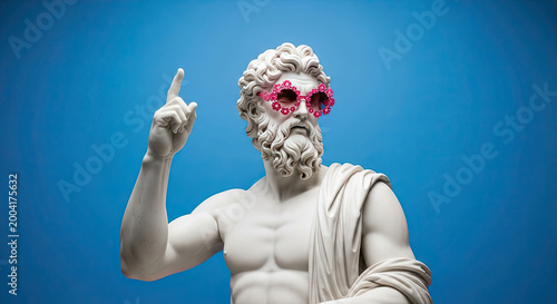A statue of a man wearing flower sunglasses against a blue background