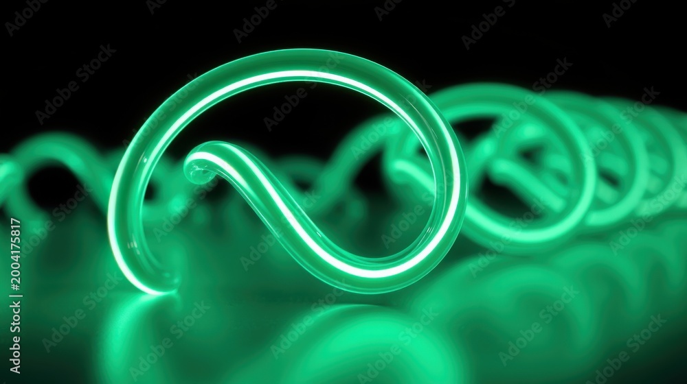 Fototapeta premium Bright green infinity symbol glows against dark background. Smooth curves create captivating visual effect. Reflective surface adds depth.