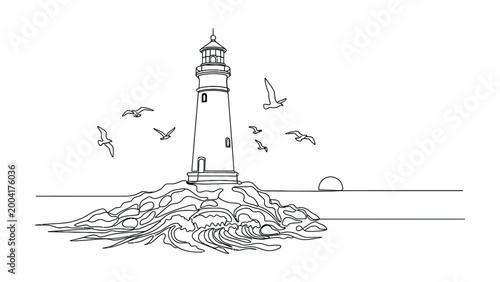 Minimalist hand drawn line art illustration of a lighthouse on rocky shore.