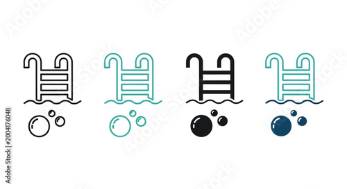 Ladder pool set with four steps and bubbles in water featuring bubble icons, vector illustration,
