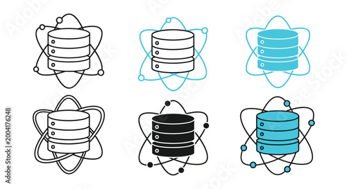 Database icons set with atomic particle designs in various colors featuring design, technology,