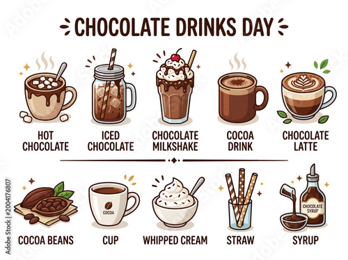 A delightful collection of various chocolate beverages and ingredients, celebrating Chocolate Drinks Day with sweet creations