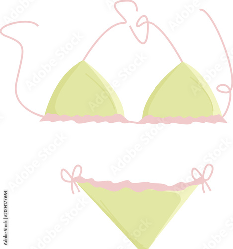 Butter Yellow Bikini Vector Illustration – Trendy Pastel Swimwear with Cute Pink Ruffles for Summer Beach Fashion Design isolated on transparent background.