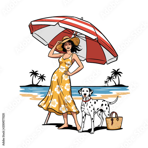 Beautiful woman in yellow floral dress with Dalmatian dog under beach umbrella, vintage summer vacation vector illustration for travel poster.