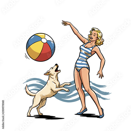 Retro pin-up girl in striped swimsuit playing beach ball with dog, vintage comic style pop art illustration isolated on white