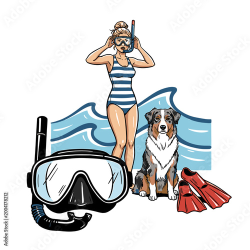 Summer snorkeling woman with Australian Shepherd dog and diving mask, ocean waves and flippers comic style vector illustration.