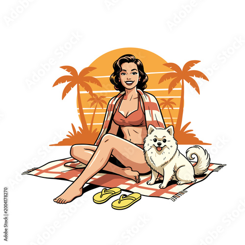 Retro summer pin-up woman sitting on beach mat with white dog, vintage comic style sunset with palm trees vector illustration