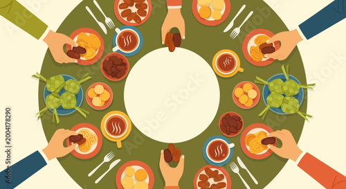 Flat Design Illustration of People Sharing Iftar Meal with Dates and Ketupat on a Round Dining Table