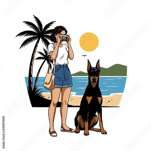 Woman photographer with Doberman Pinscher dog on tropical beach, summer travel and pet lifestyle vector illustration for t-shirt design.