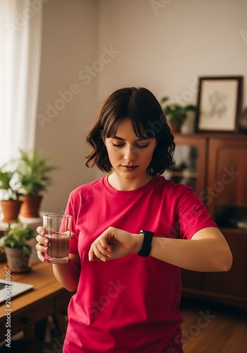 Woman checking smartwatch holding glass image
