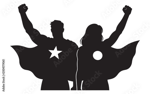 Silhouette of people raising fists in celebration with waving cape