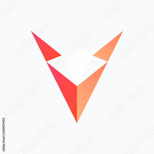 Abstract minimalist geometric polygonal fox head icon with orange and red triangles on white background illustration