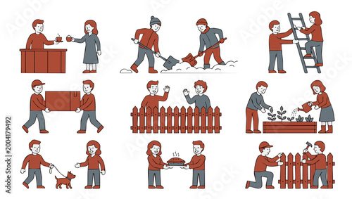 People Daily Activities Set, Flat Vector Icons Collection of Neighbors Helping and Working Together, Friendly Social Interactions and Community Cooperation Concepts for Infographics or Web Design Proj