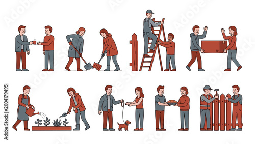 People Daily Life Activities Set: Home Improvement, Gardening, Moving, and Social Interaction. Flat Vector Illustrations showing Neighbors and Couples working together in a variety of community scenar