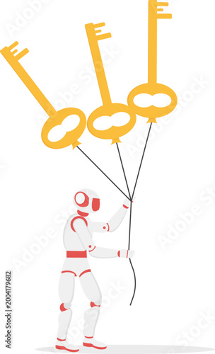 AI robot holding key balloons