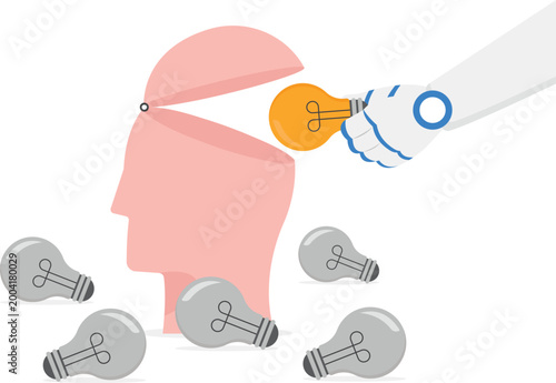 Robotic hand putting idea bulb into human head