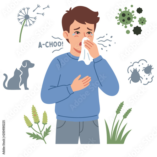Quadro su tela Flat vector illustration of a man sneezing into a tissue with surrounding allergy triggers like pollen, pet dander, dust, and germs, representing seasonal allergies and respiratory illness