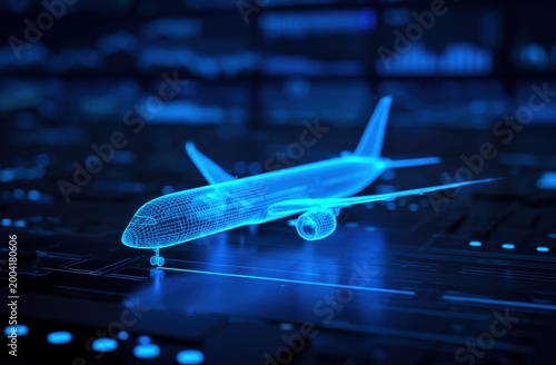 A blue holographic wireframe model of an airplane displayed above a digital surface, symbolizing futuristic aviation technology.