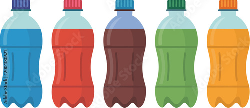 Water bottle icons, minimalist vector illustrations of plastic bottles for mineral water soft drinks and fizzy beverages for product and advertising design.