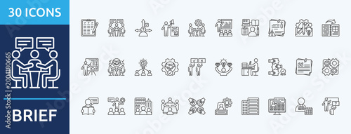 briefing - Icon Collection. Thin outline Set contains such Icons as  communication, decision, declaration, consultant, presentation, preparation and more. Simple web icons set

