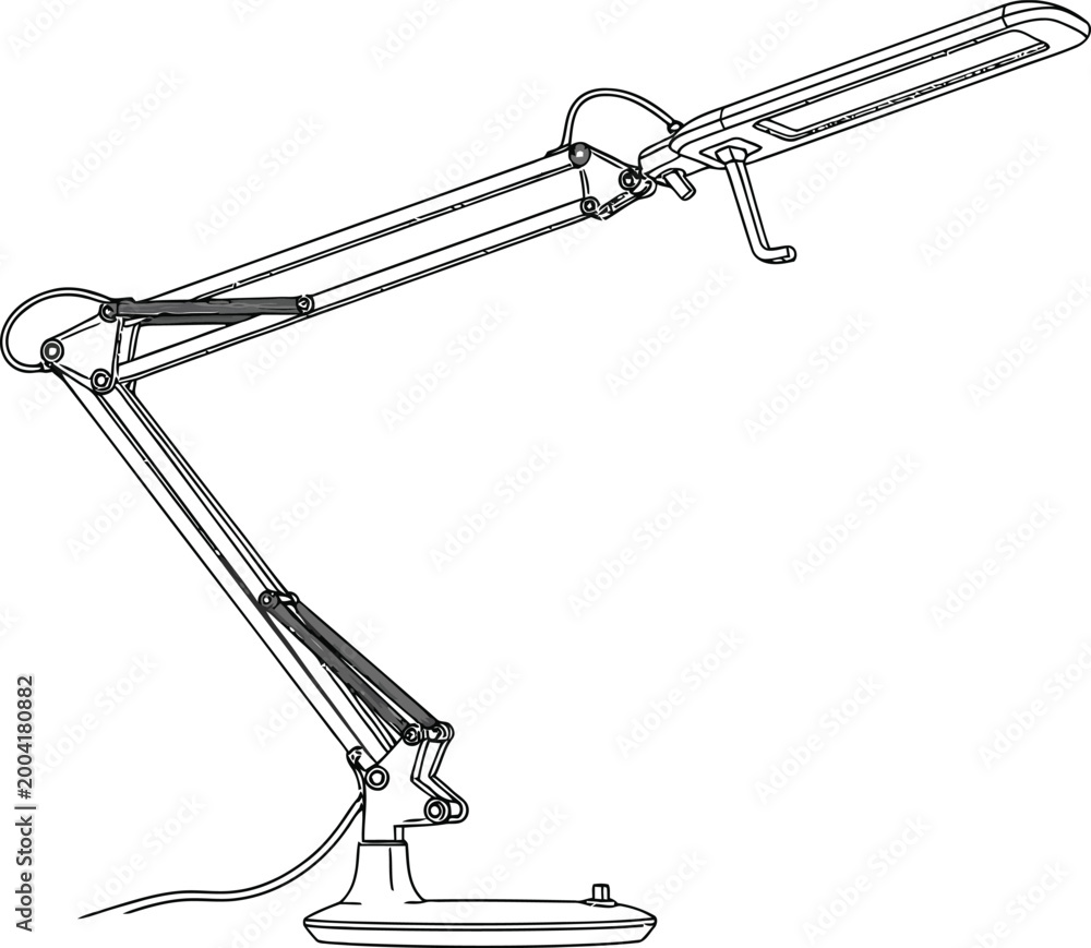 Obraz premium Modern LED desk lamp with an articulated arm presented as a technical line art vector illustration for office and workspace design