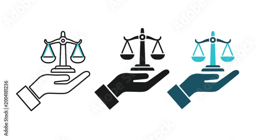Scales justice icon set with hand illustration featuring balance, law, fairness with equity and
