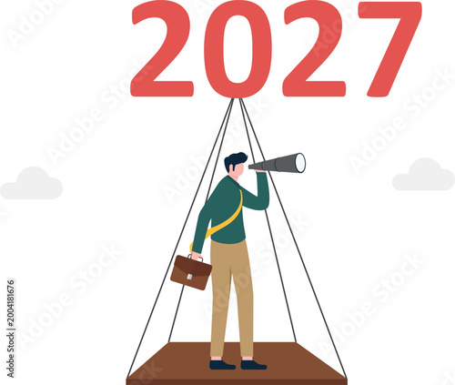 Professional on balloon stand looking through telescope at year 2027
