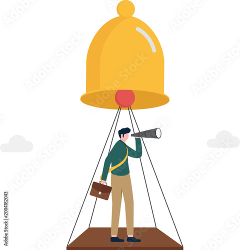 Professional on balloon stand looking at alert bell