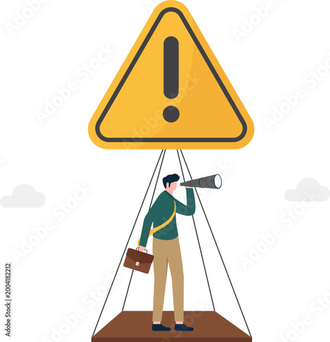 Professional on balloon stand looking at warning sign