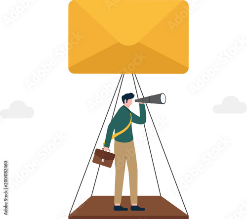 Professional on balloon stand looking at email envelope