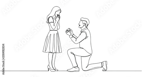 Continuous Line Art Drawing of Man Proposing to Woman with Engagement Ring
