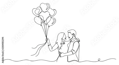 Continuous Line Drawing of Romantic Couple with Heart Balloons Vector