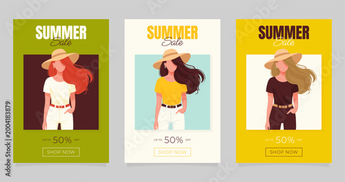 Summer sale vertical banner set with faceless women in hats vector illustration