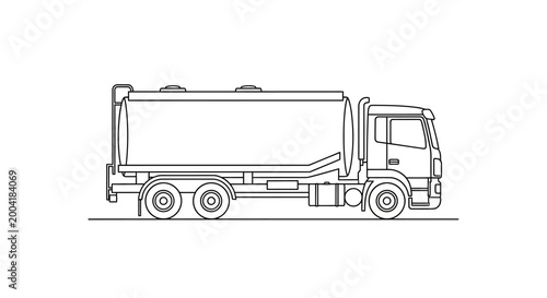 Line art illustration of a tanker truck, a heavy-duty vehicle designed for transporting bulk liquids or gases.