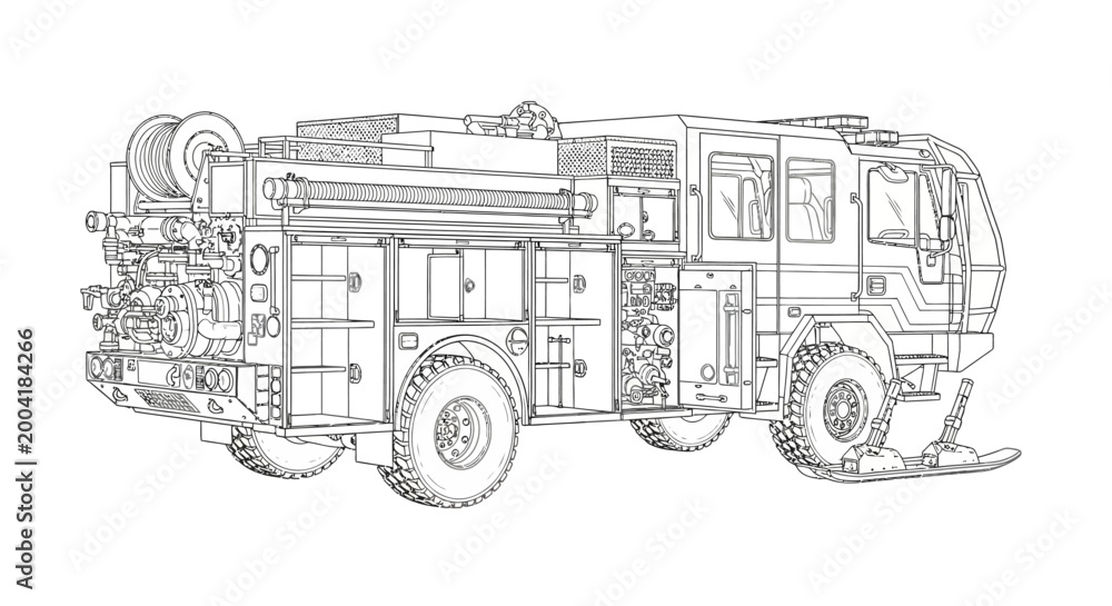 Obraz premium Detailed line drawing of a specialized all-terrain fire truck with advanced equipment for challenging environments.