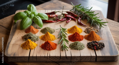 Various colorful spices and herbs arranged on a wooden cutting board for cooking preparation