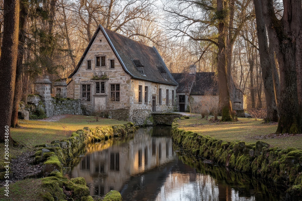 Fototapeta premium Exterior View of a Stone-and-Timber Hunting Lodge in Saxony