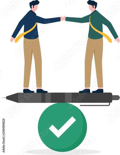 Professionals handshaking on pen over check mark