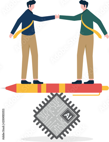 Professionals handshaking on pen over AI chip