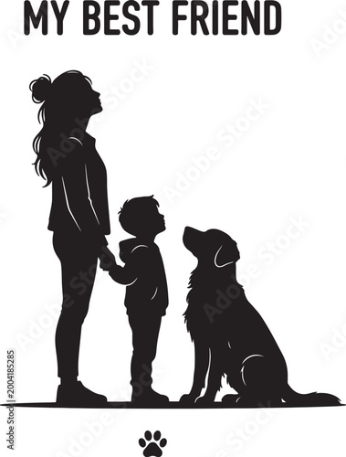 My best friend dog silhouette with woman and boy vector illustration family pet relationship friendship loyalty concept minimalist black art for posters and stickers.