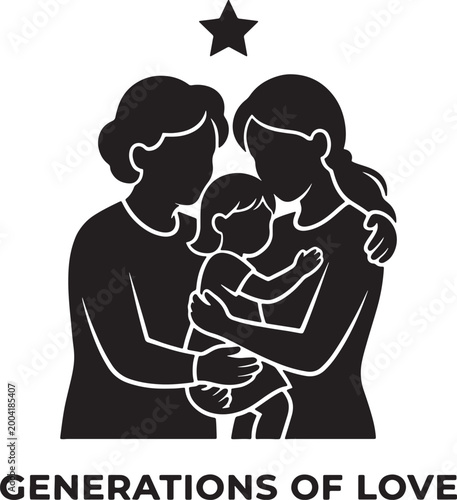 Family love generations hug, mother and grandmother holding child, star above, concept of lasting bond.